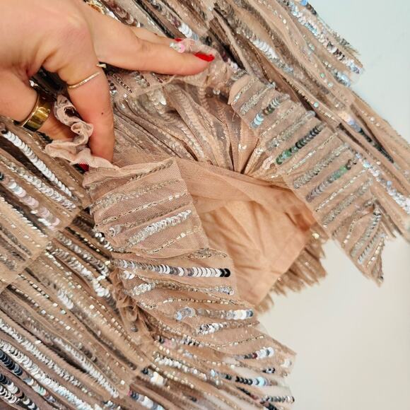 NEW MAC DUGGAL Silver Sequin Fringe Tiered Tank Ruffle Beige $698 Mini Dress 2 - Picture 8 of 13